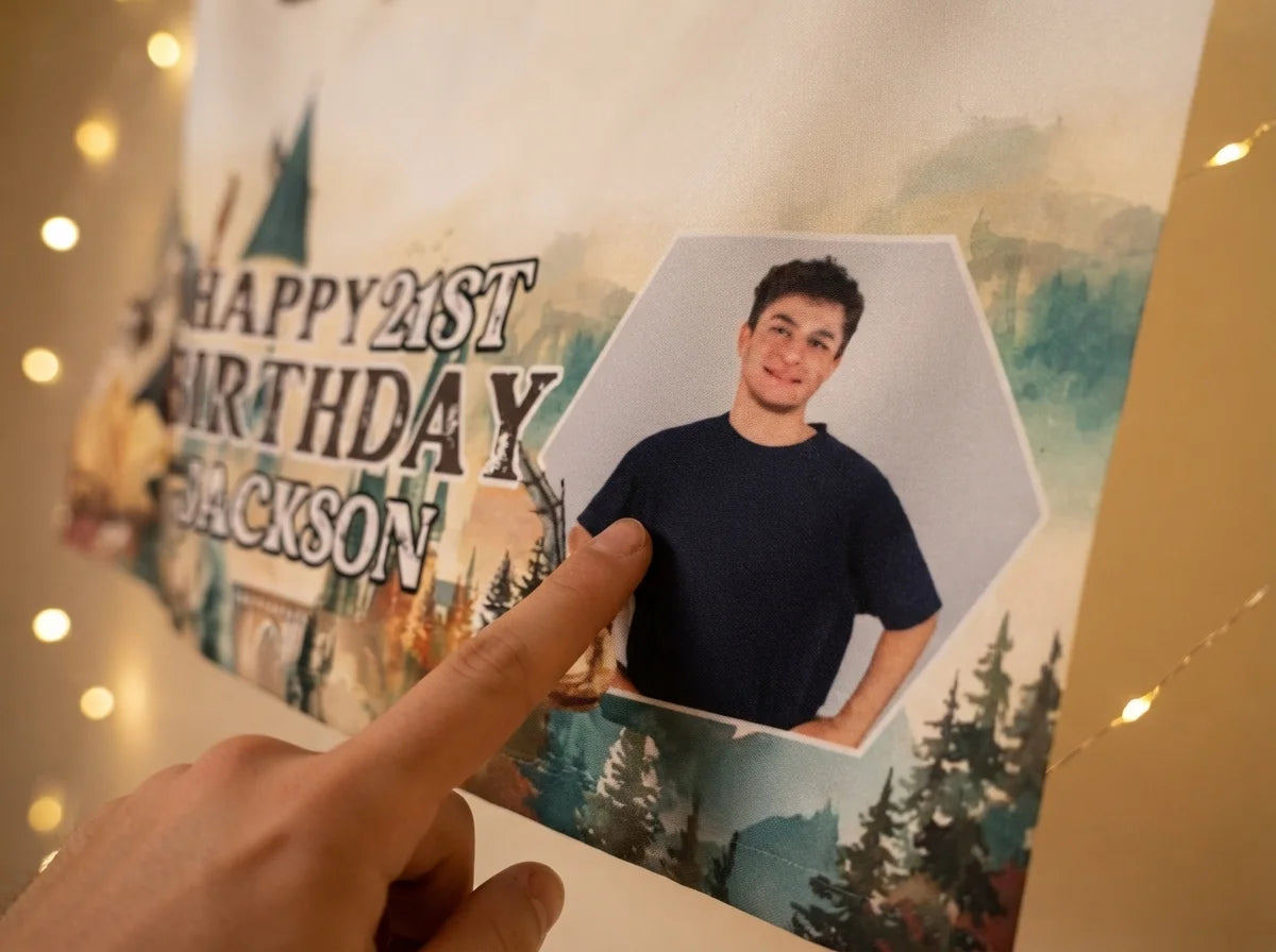 Close-up of the personalised name and photo printed on the Harry Potter Wizarding World Birthday Party Banner