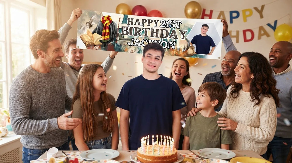 Friends and family celebrating with the personalised Harry Potter Wizarding World Birthday Party Banner