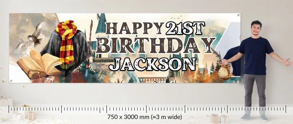 Person standing beside the Harry Potter Wizarding World Birthday Party Banner for scale, with size guide showing 750 x 3000 mm