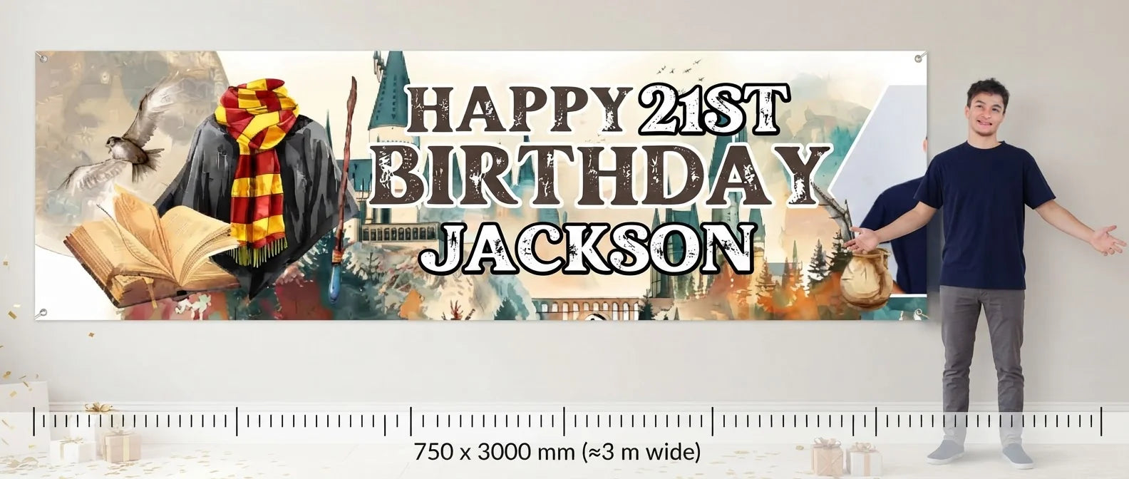 Person standing beside the Harry Potter Wizarding World Birthday Party Banner for scale, with size guide showing 750 x 3000 mm