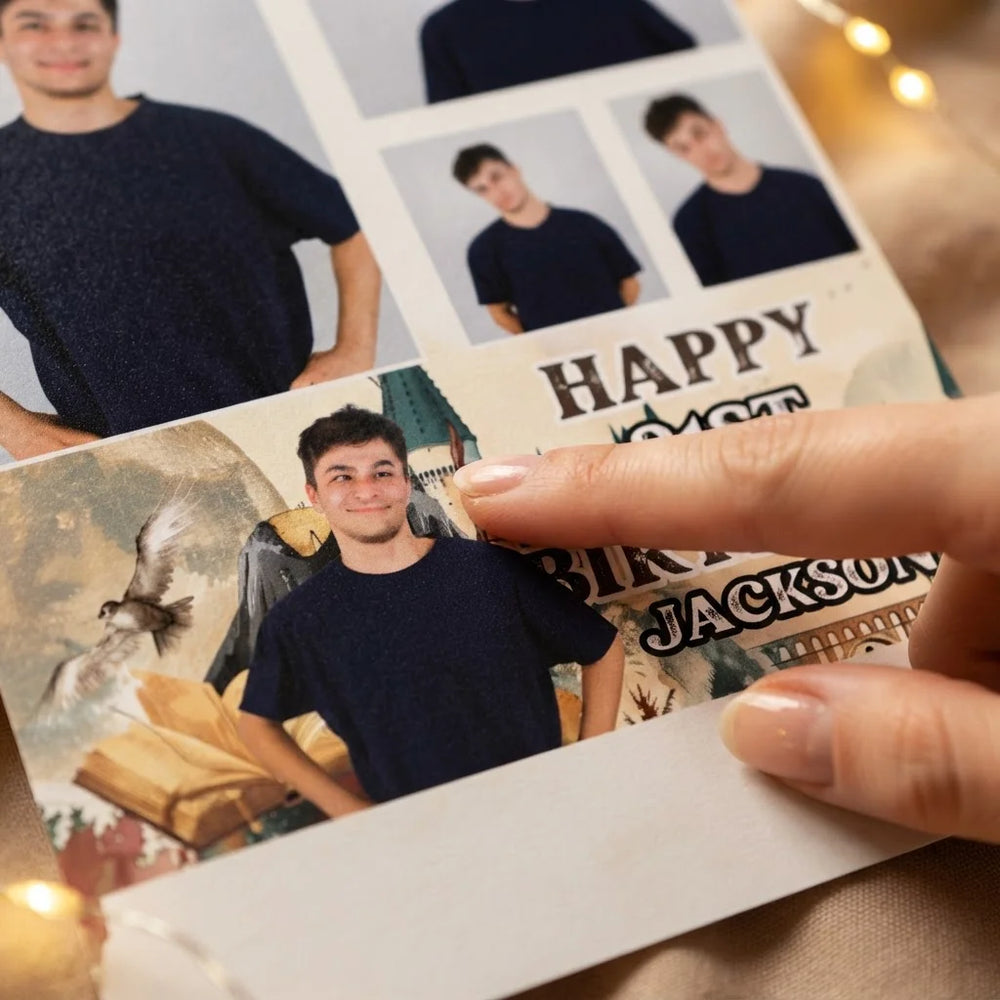 Close-up of the personalised name and photo printed on the Harry Potter Wizarding World Birthday Party Mega Card