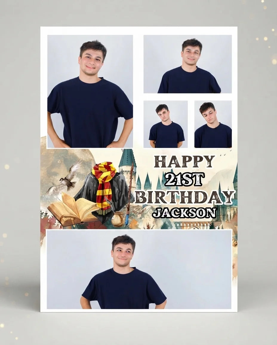 Personalised Harry Potter Wizarding World Birthday Party Mega Card displayed against a plain studio background