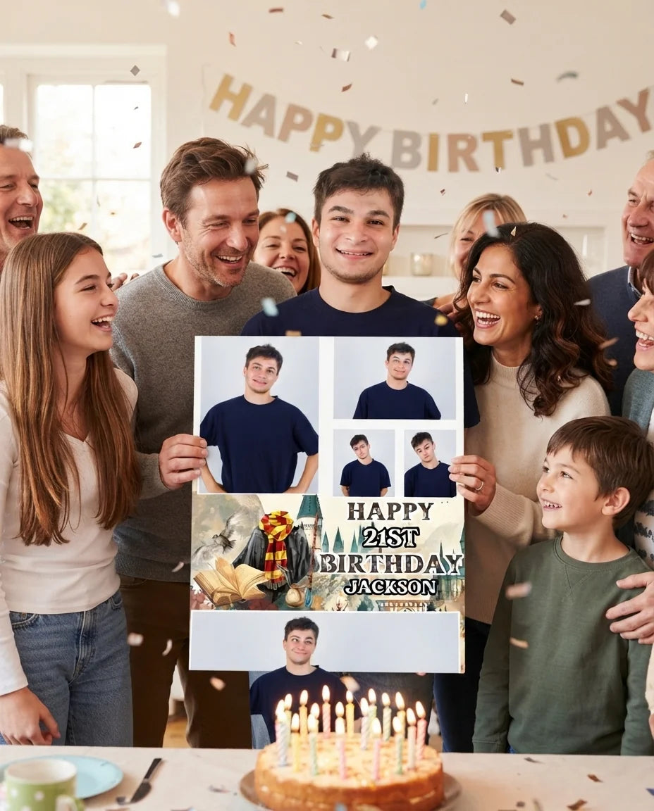 Friends and family celebrating with the personalised Harry Potter Wizarding World Birthday Party Mega Card