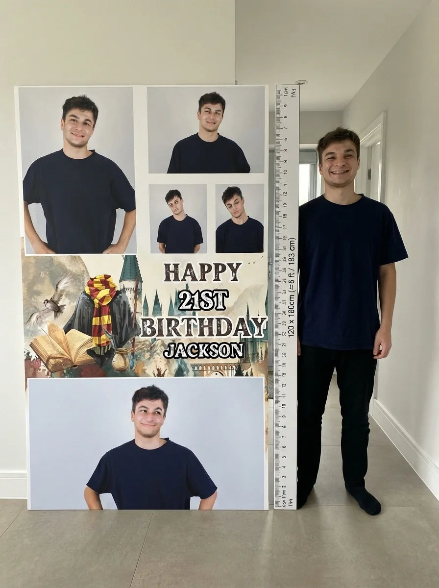 Person standing beside the Harry Potter Wizarding World Birthday Party Mega Card for scale in a size guide