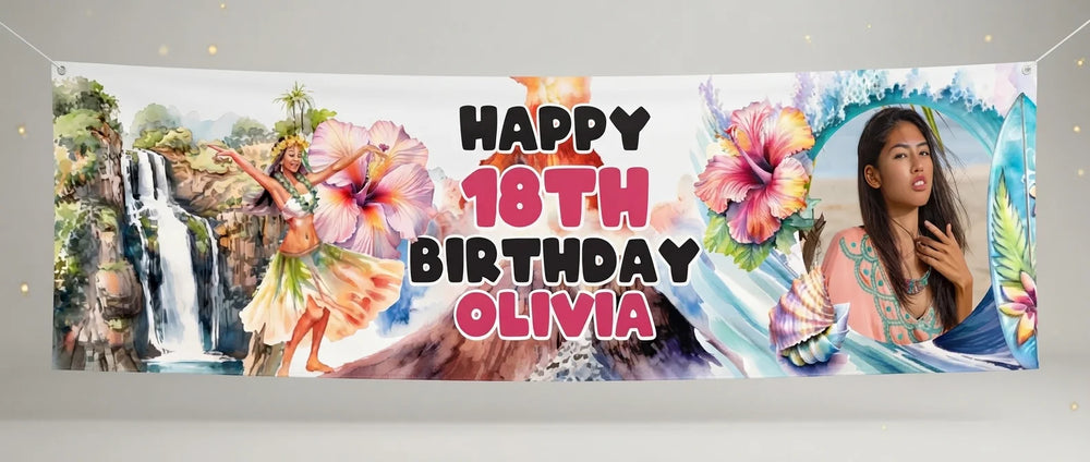 Personalised Hawaiian Girl Theme Birthday Party Banner displayed against a plain studio background