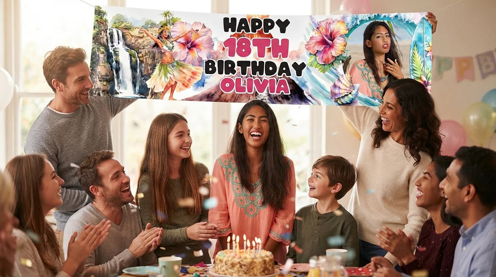Friends and family celebrating with the personalised Hawaiian Girl Theme Birthday Party Banner