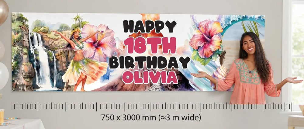 Person standing beside the Hawaiian Girl Theme Birthday Party Banner for scale, with size guide showing 750 x 3000 mm