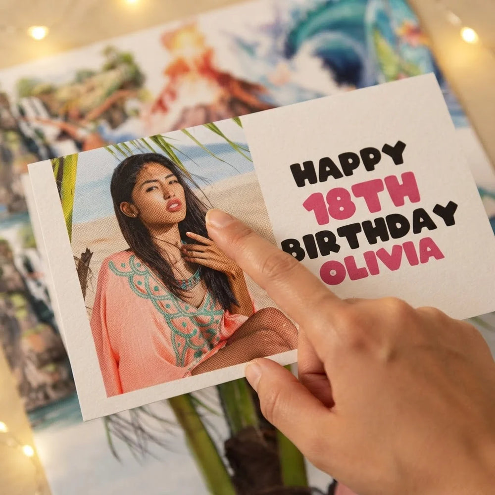 Close-up of the personalised name and photo printed on the Hawaiian Girl Theme Birthday Party Mega Card