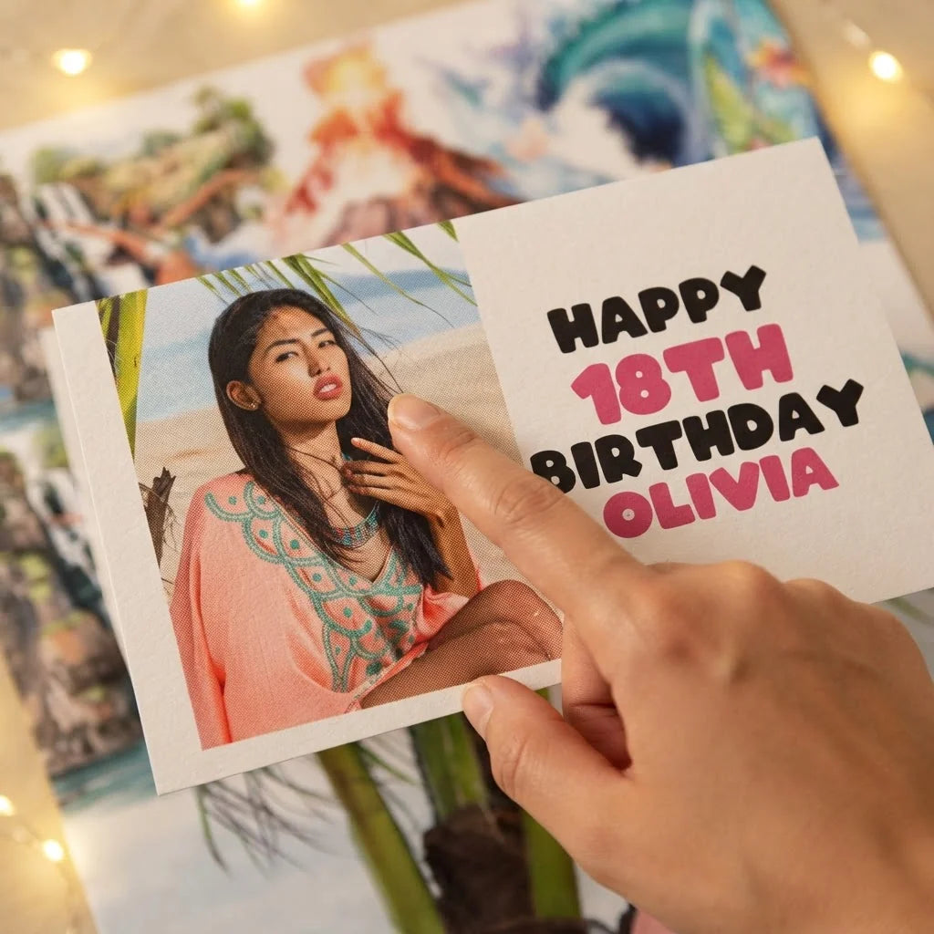 Close-up of the personalised name and photo printed on the Hawaiian Girl Theme Birthday Party Mega Card