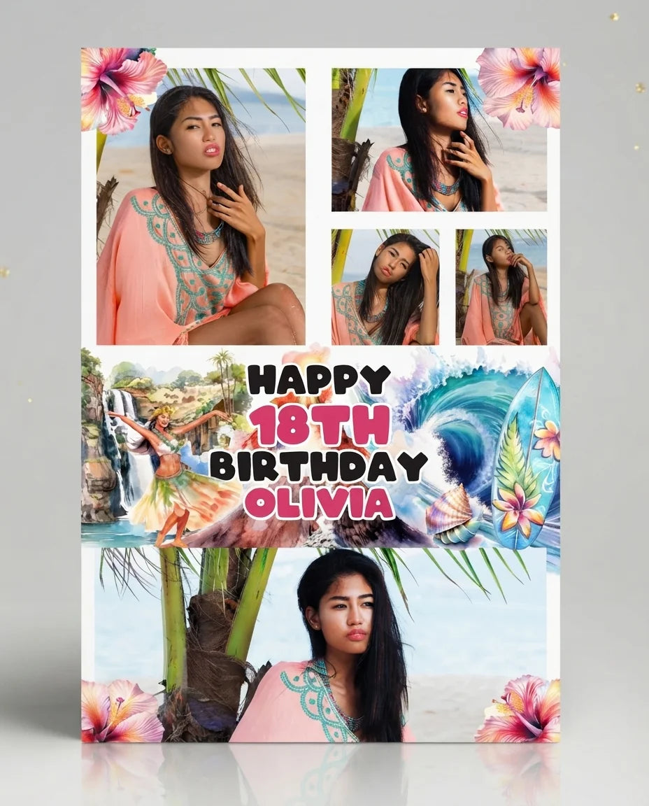 Personalised Hawaiian Girl Theme Birthday Party Mega Card displayed against a plain studio background