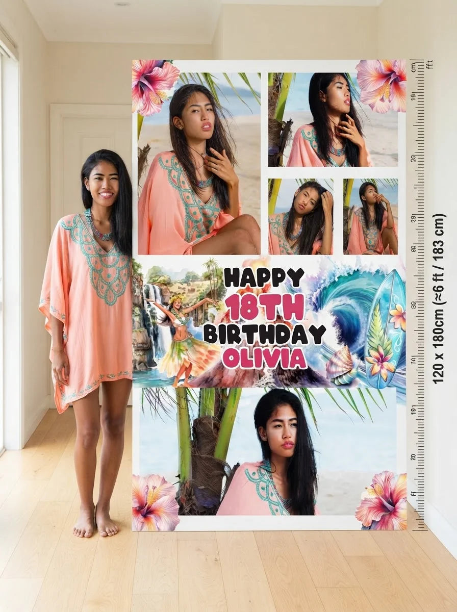 Person standing beside the Hawaiian Girl Theme Birthday Party Mega Card for scale in a size guide