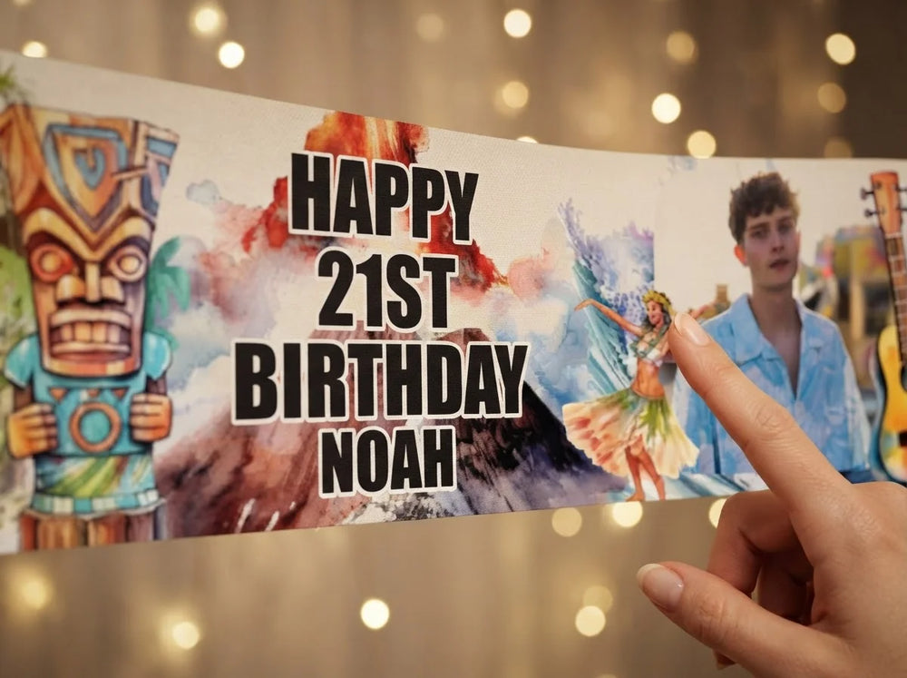 Close-up of the personalised name and photo printed on the Hawaiian Theme Birthday Party Banner