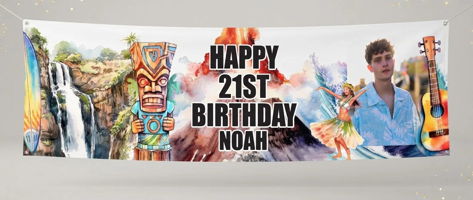 Personalised Hawaiian Theme Birthday Party Banner displayed against a plain studio background