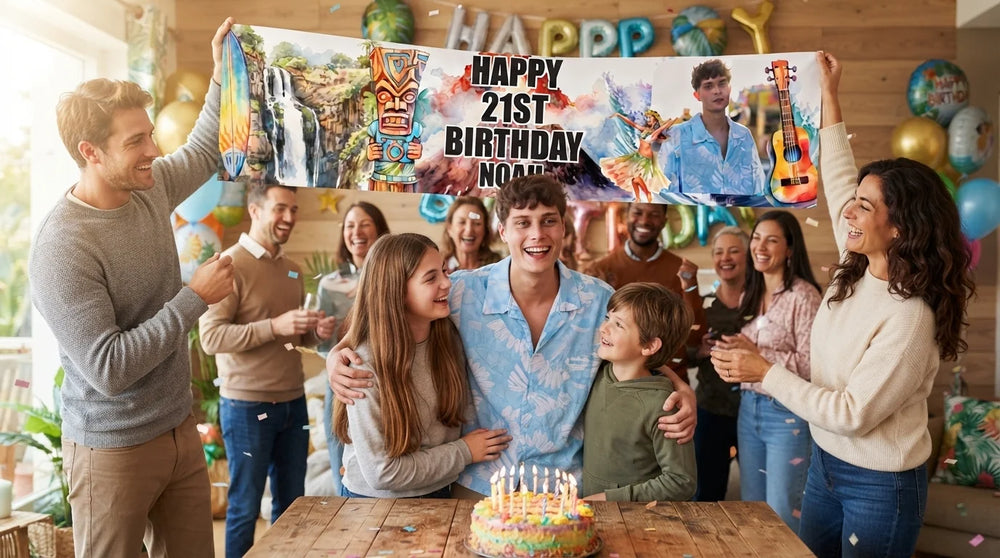 Friends and family celebrating with the personalised Hawaiian Theme Birthday Party Banner