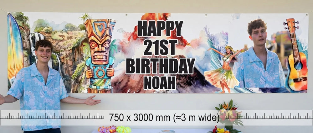 Person standing beside the Hawaiian Theme Birthday Party Banner for scale, with size guide showing 750 x 3000 mm
