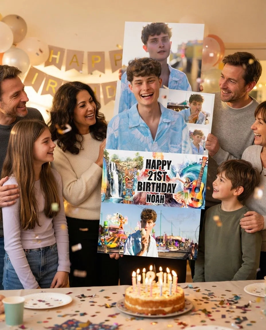 Friends and family celebrating with the personalised Hawaiian Theme Birthday Party Mega Card