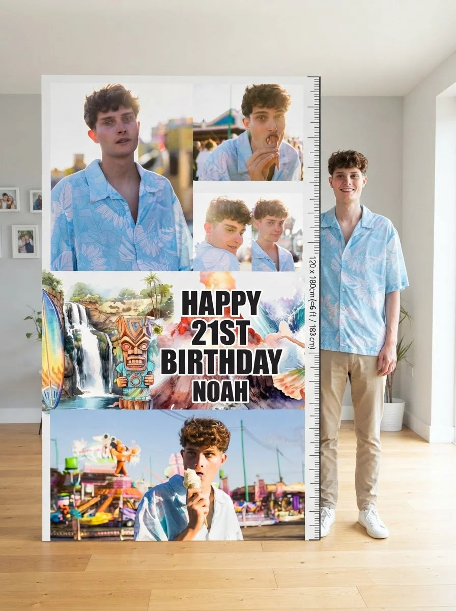 Person standing beside the Hawaiian Theme Birthday Party Mega Card for scale in a size guide
