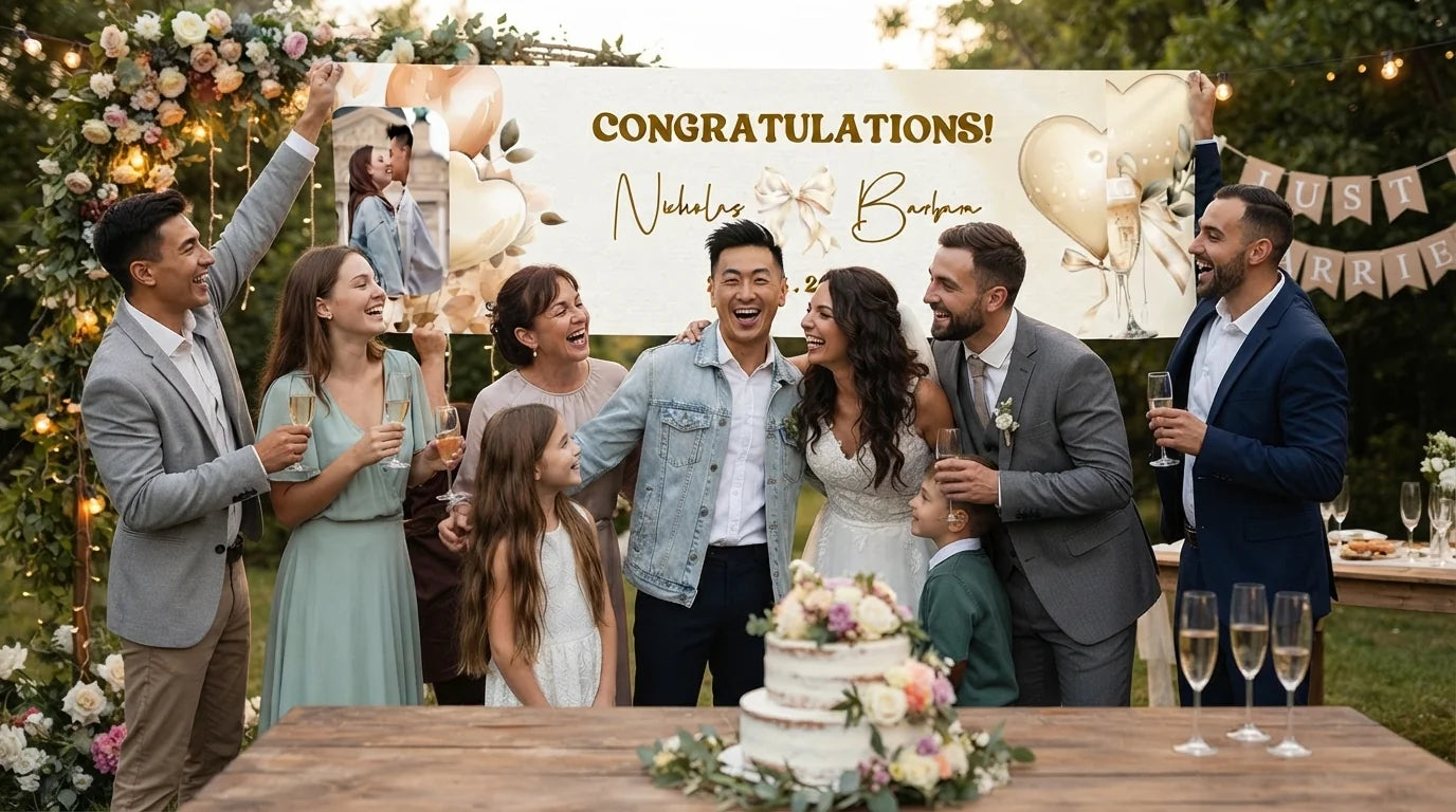 Friends and family celebrating with the personalised Heart Balloon Wedding Banner