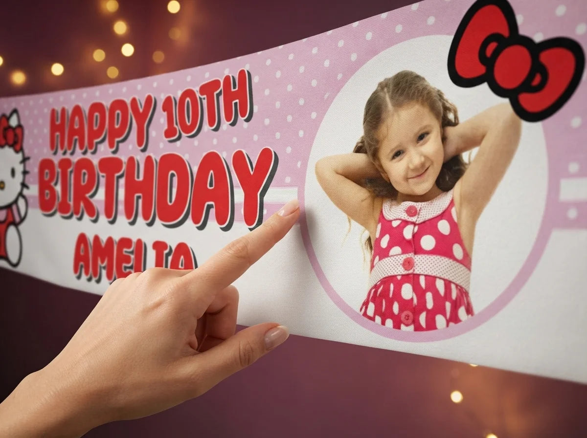 Close-up of the personalised name and photo printed on the Hello Kitty Birthday Banner