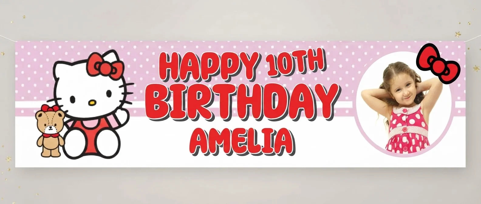 Personalised Hello Kitty Birthday Banner displayed against a plain studio background