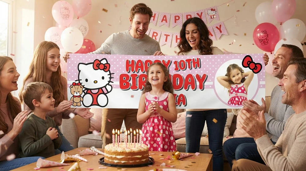 Friends and family celebrating with the personalised Hello Kitty Birthday Banner