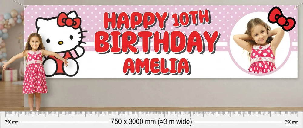 Person standing beside the Hello Kitty Birthday Banner for scale, with size guide showing 750 x 3000 mm