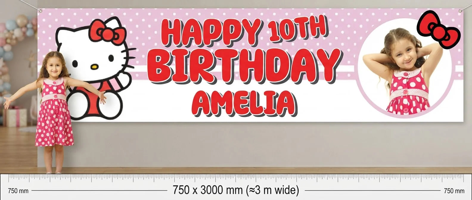 Person standing beside the Hello Kitty Birthday Banner for scale, with size guide showing 750 x 3000 mm