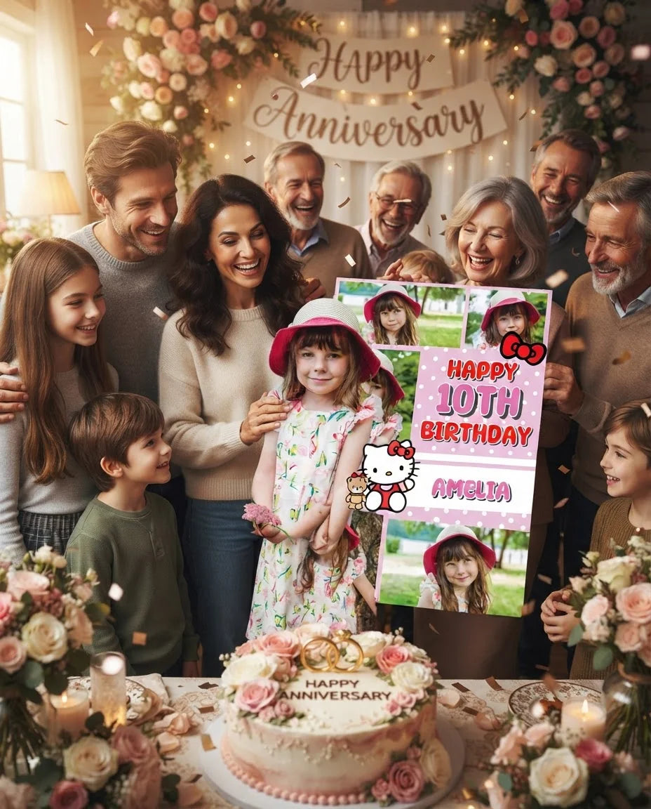 Friends and family celebrating with the personalised Hello Kitty Mega Card