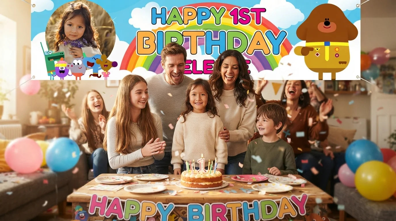 Friends and family celebrating with the personalised Hey Duggee Birthday Banner