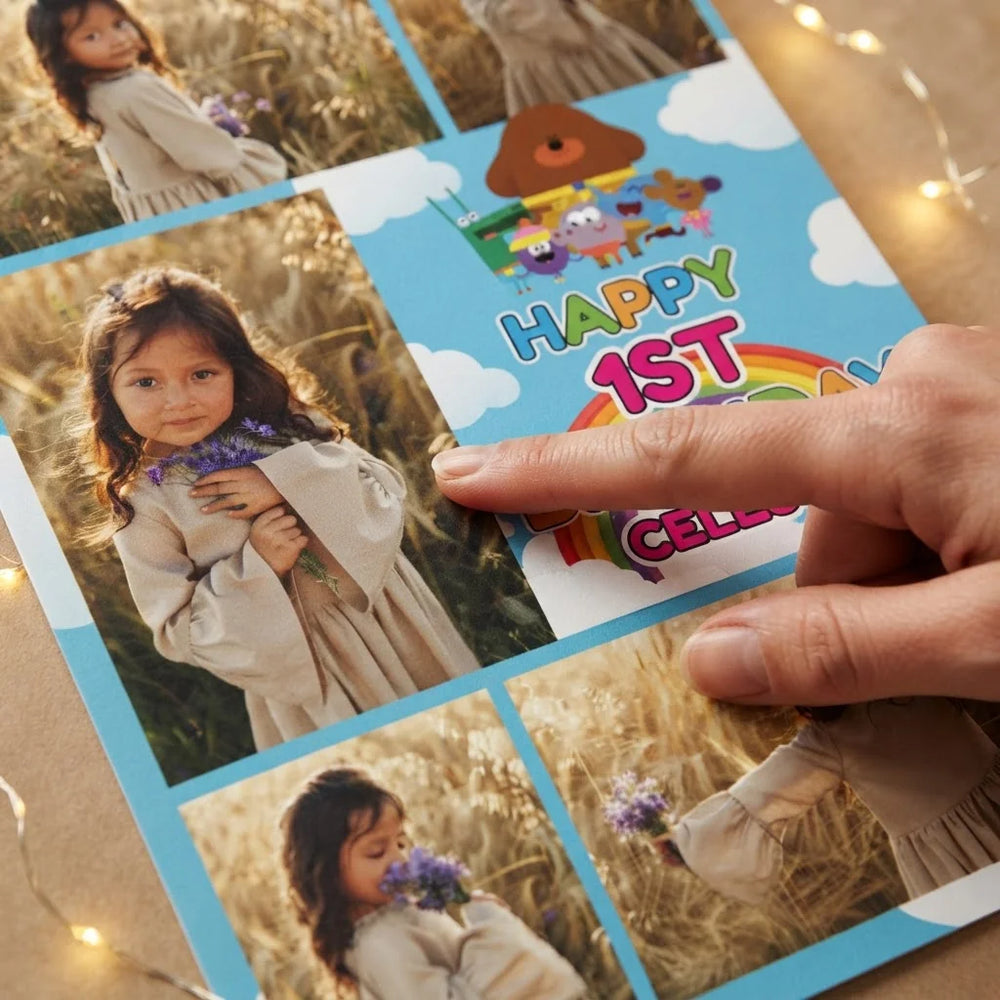 Close-up of the personalised name and photo printed on the Hey Duggee Mega Card