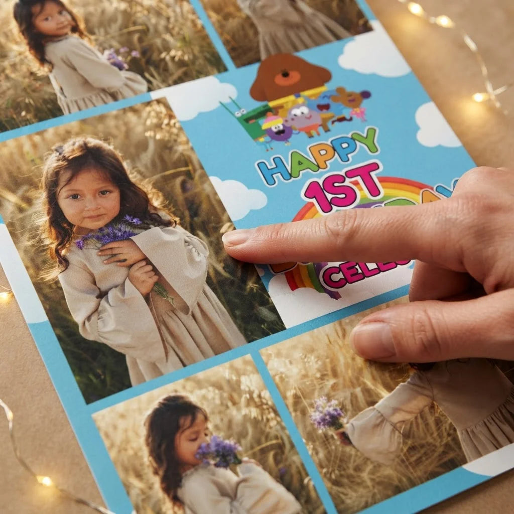 Close-up of the personalised name and photo printed on the Hey Duggee Mega Card