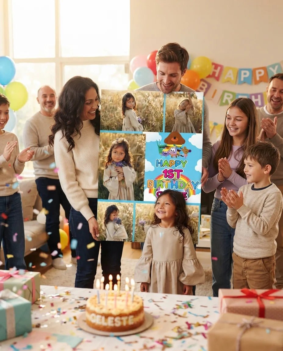 Friends and family celebrating with the personalised Hey Duggee Mega Card
