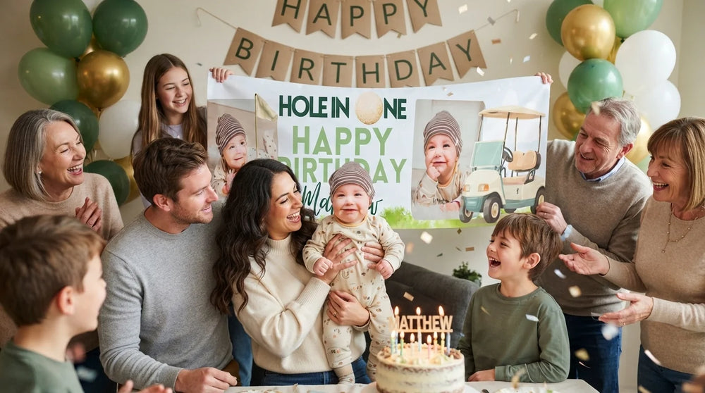 Friends and family celebrating with the personalised Hole in One Birthday Party Banner