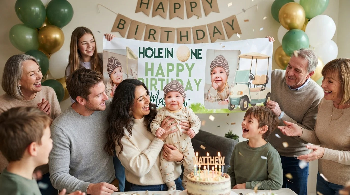 Friends and family celebrating with the personalised Hole in One Birthday Party Banner