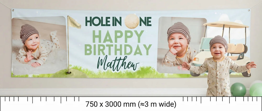 Person standing beside the Hole in One Birthday Party Banner for scale, with size guide showing 750 x 3000 mm