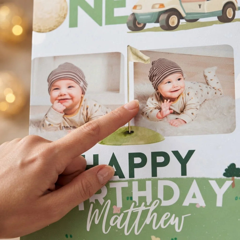 Close-up of the personalised name and photo printed on the Hole in One Birthday Party Mega Card