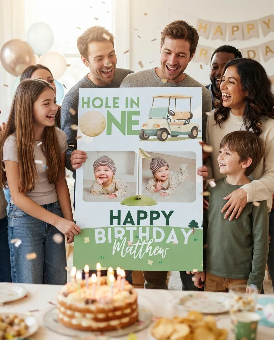 Friends and family celebrating with the personalised Hole in One Birthday Party Mega Card