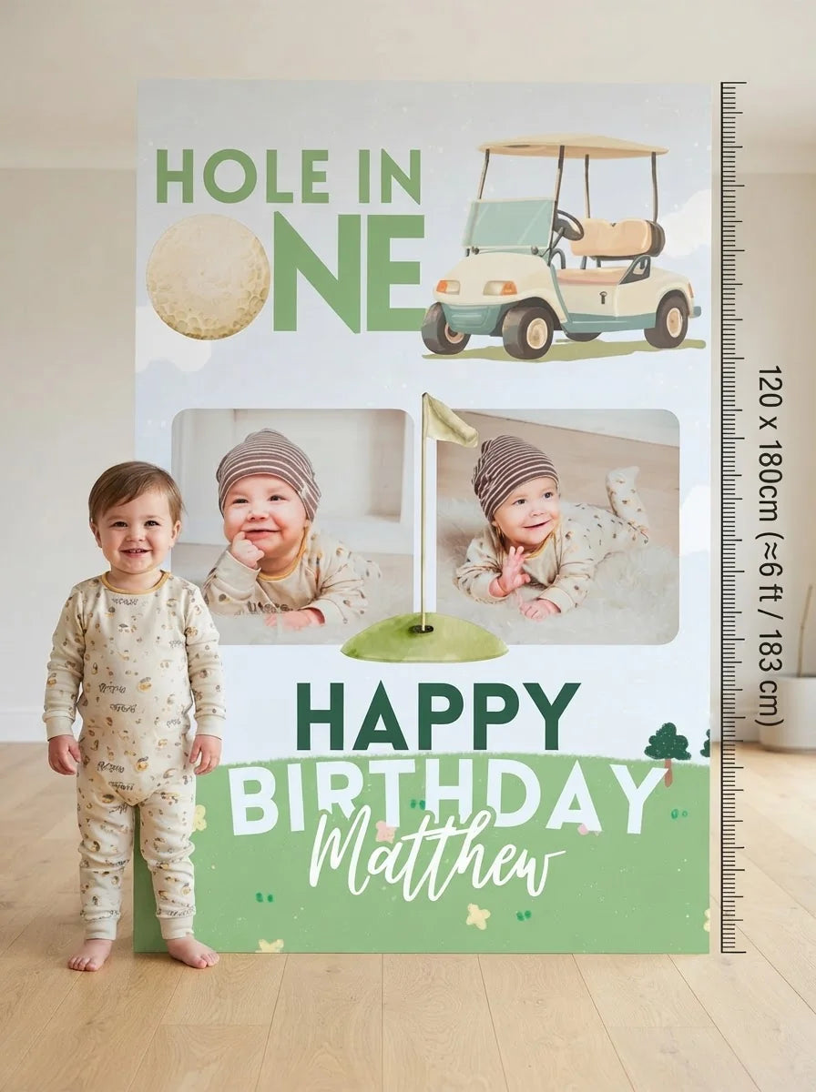 Person standing beside the Hole in One Birthday Party Mega Card for scale in a size guide