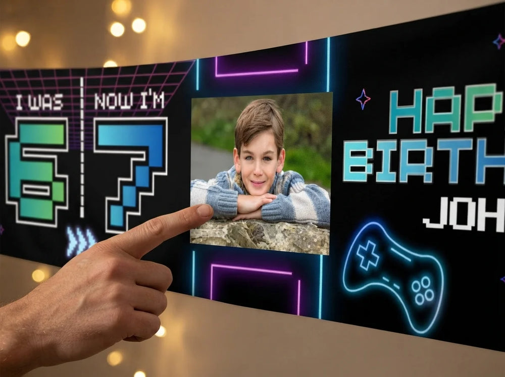 Close-up of the personalised name and photo printed on the I Was 6 Now I'm 7 Birthday Party Banner
