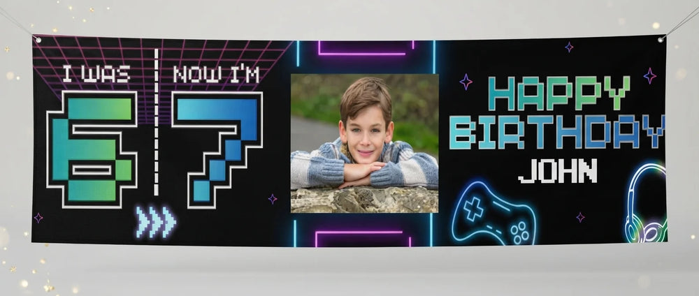 Personalised I Was 6 Now I'm 7 Birthday Party Banner displayed against a plain studio background