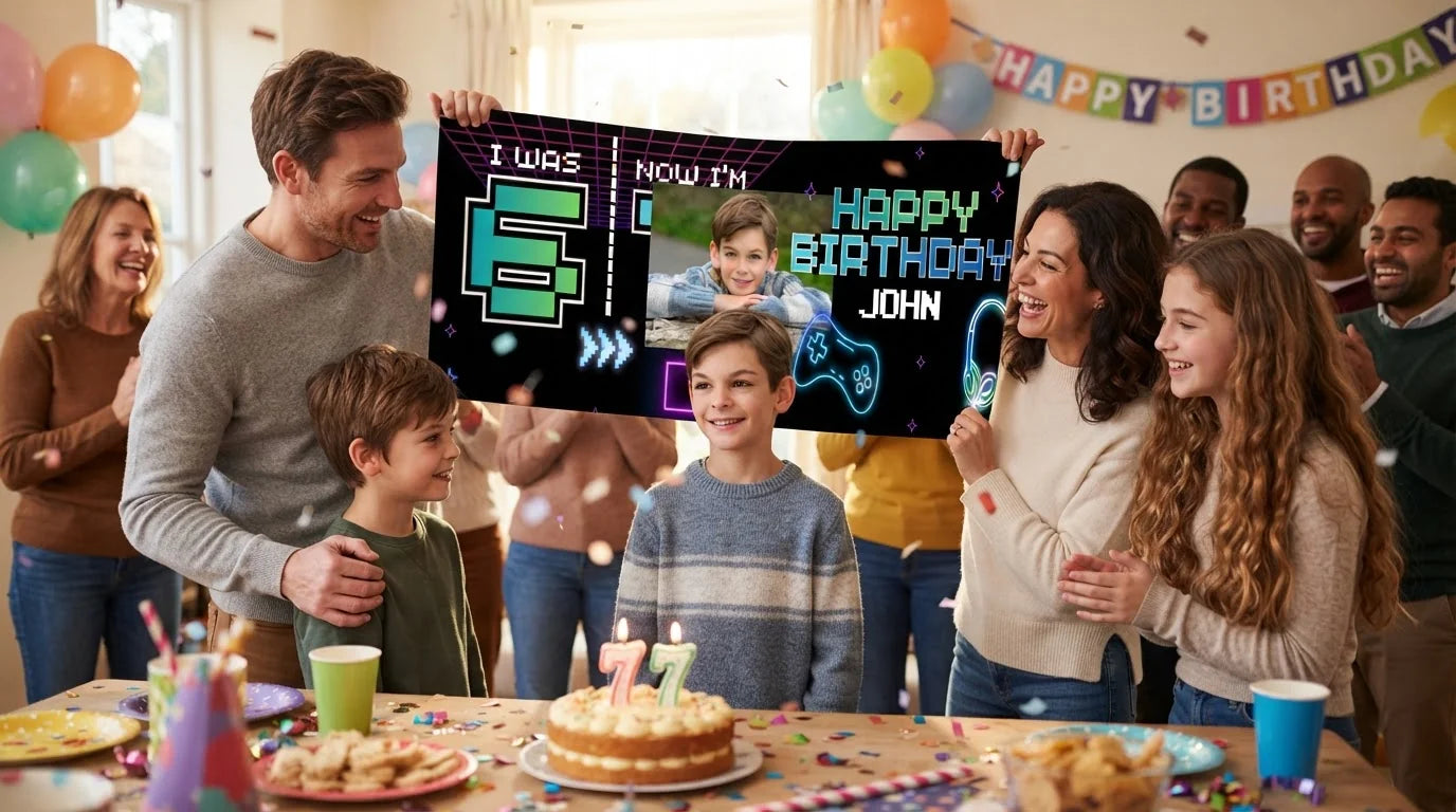 Friends and family celebrating with the personalised I Was 6 Now I'm 7 Birthday Party Banner