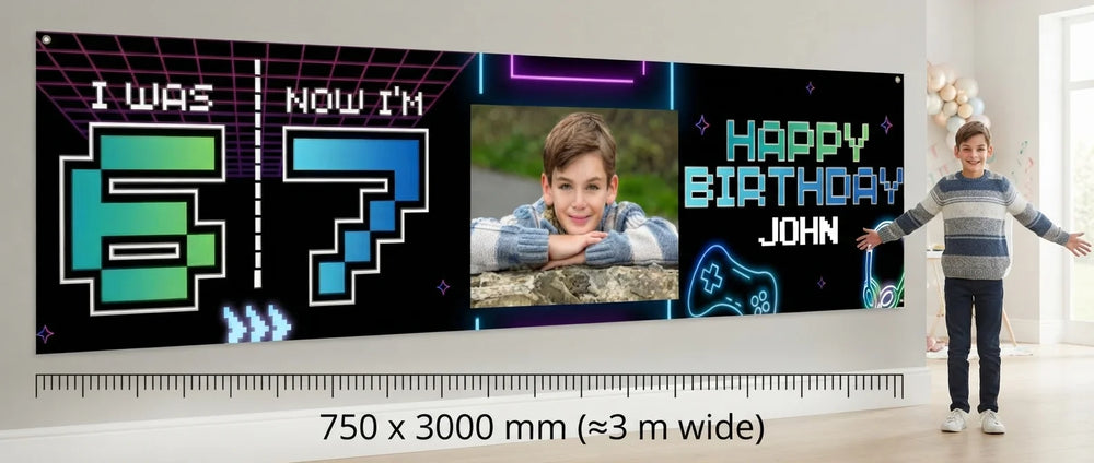 Person standing beside the I Was 6 Now I'm 7 Birthday Party Banner for scale, with size guide showing 750 x 3000 mm