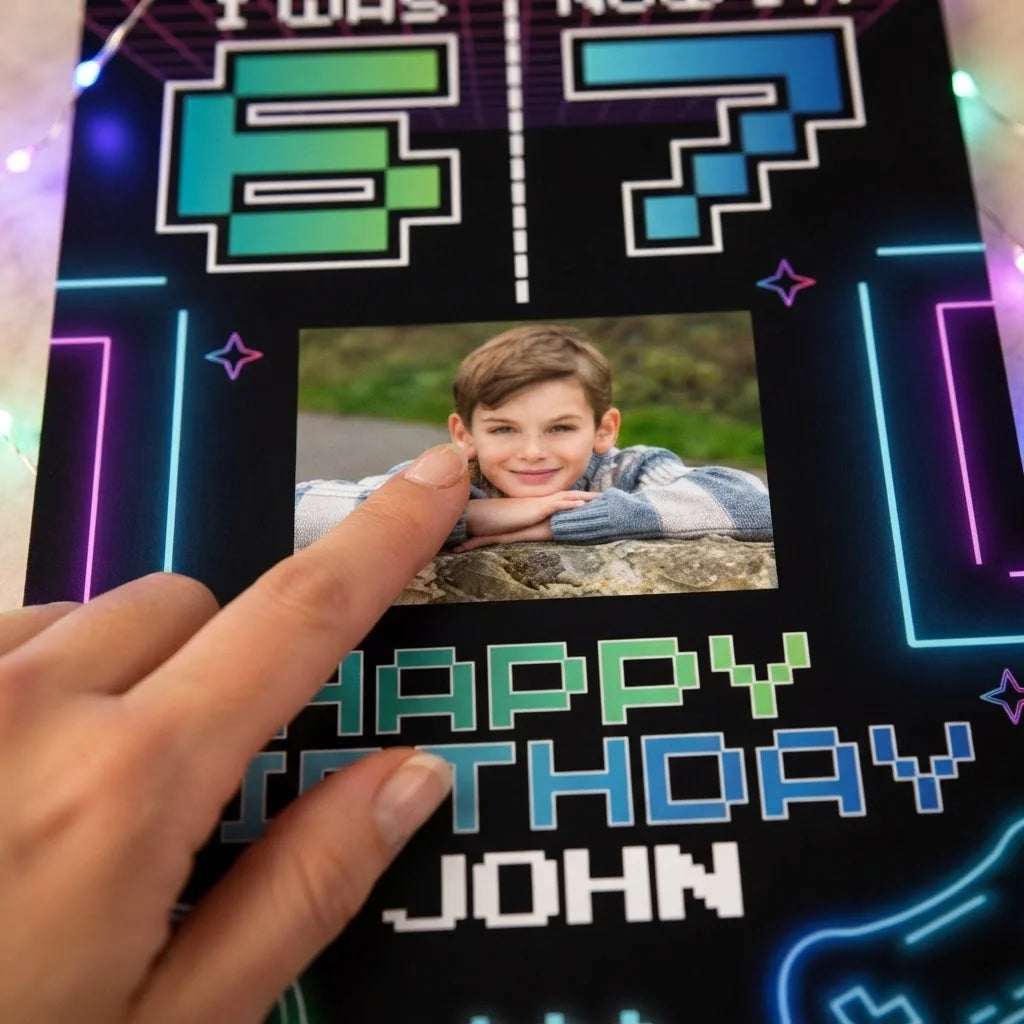 Close-up of the personalised name and photo printed on the I Was 6 Now I'm 7 Birthday Party Mega Card