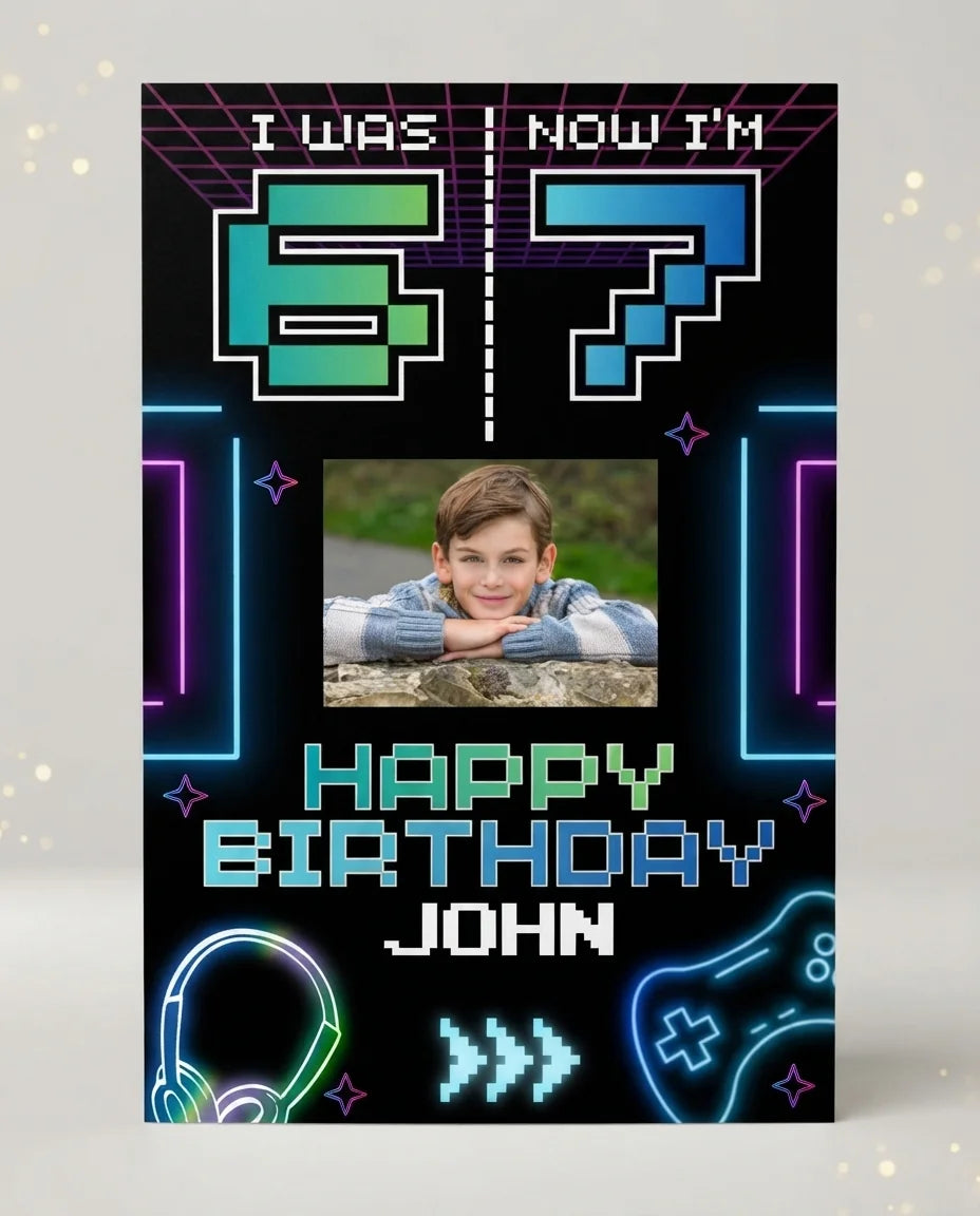 Personalised I Was 6 Now I'm 7 Birthday Party Mega Card displayed against a plain studio background