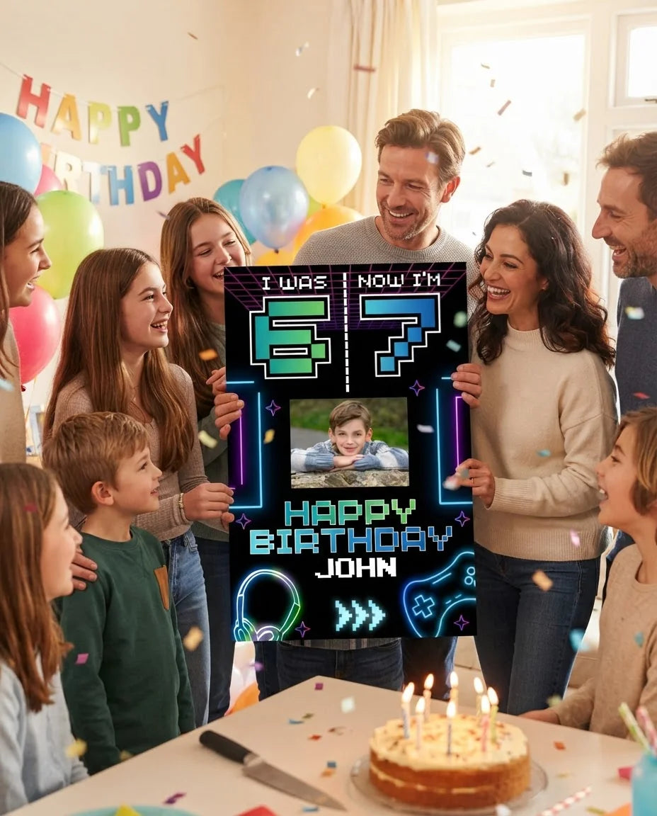 Friends and family celebrating with the personalised I Was 6 Now I'm 7 Birthday Party Mega Card