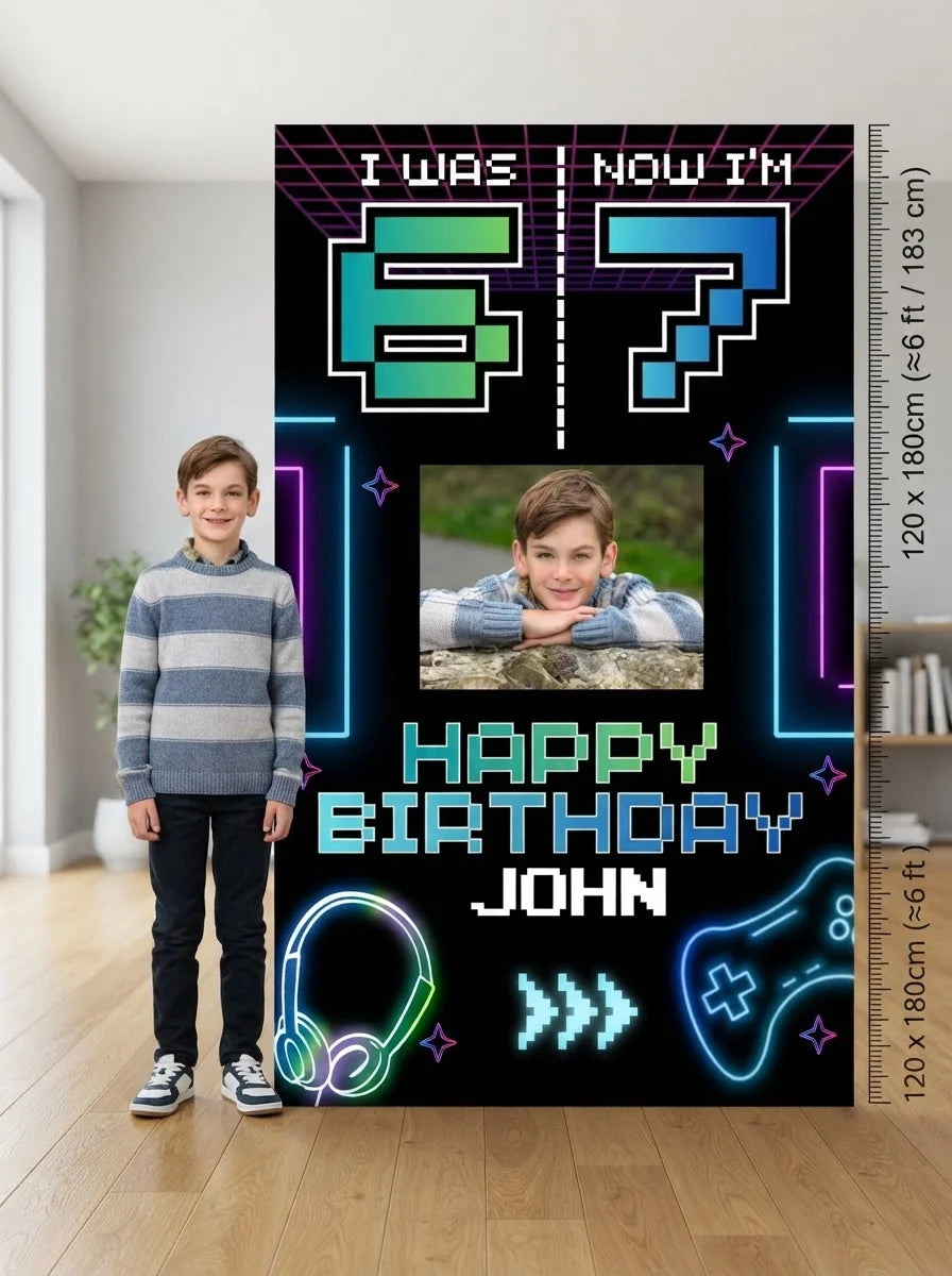 Person standing beside the I Was 6 Now I'm 7 Birthday Party Mega Card for scale in a size guide