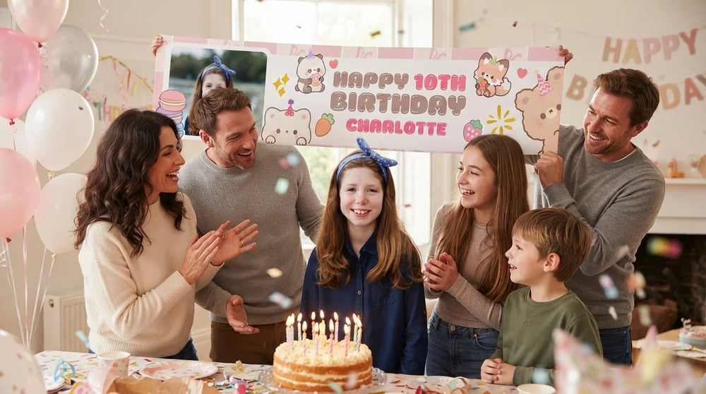 Friends and family celebrating with the personalised Kawaii Birthday Party Banner