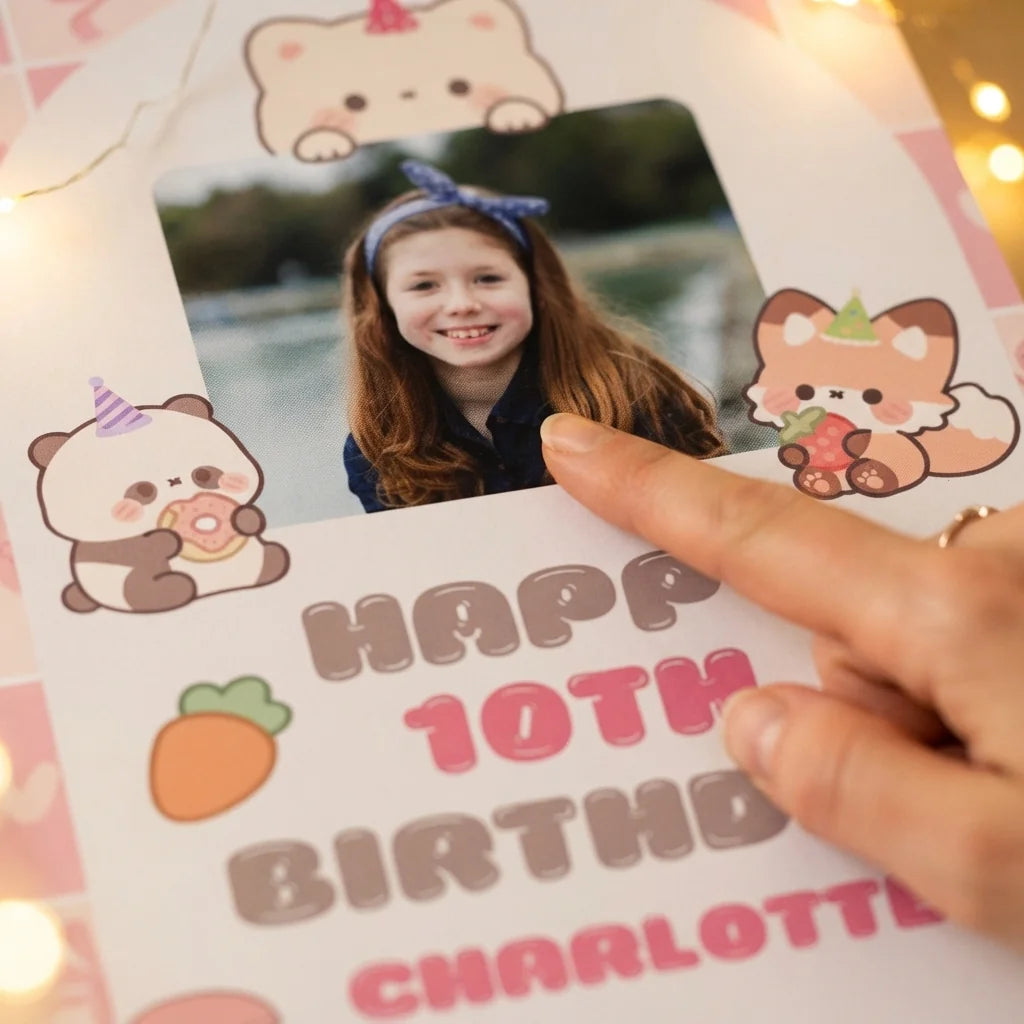 Close-up of the personalised name and photo printed on the Kawaii Birthday Party Mega Card