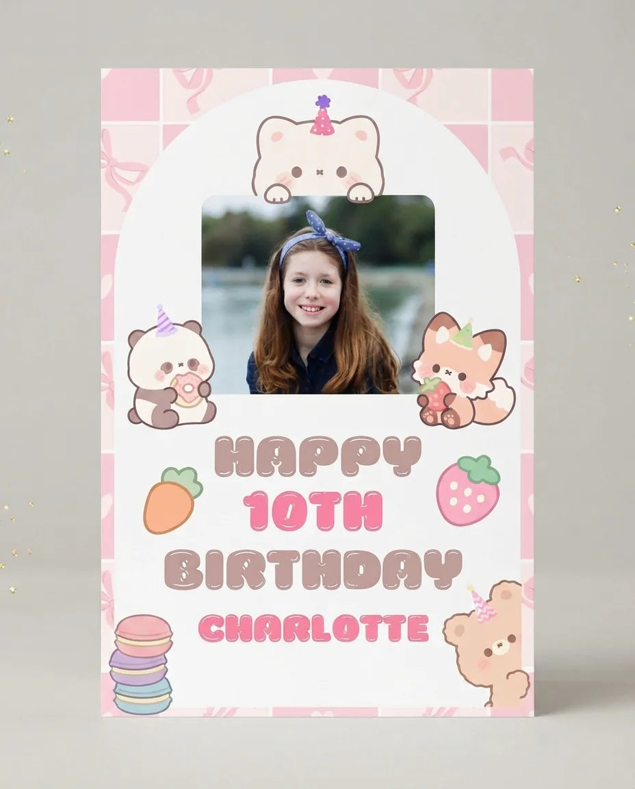 Personalised Kawaii Birthday Party Mega Card displayed against a plain studio background