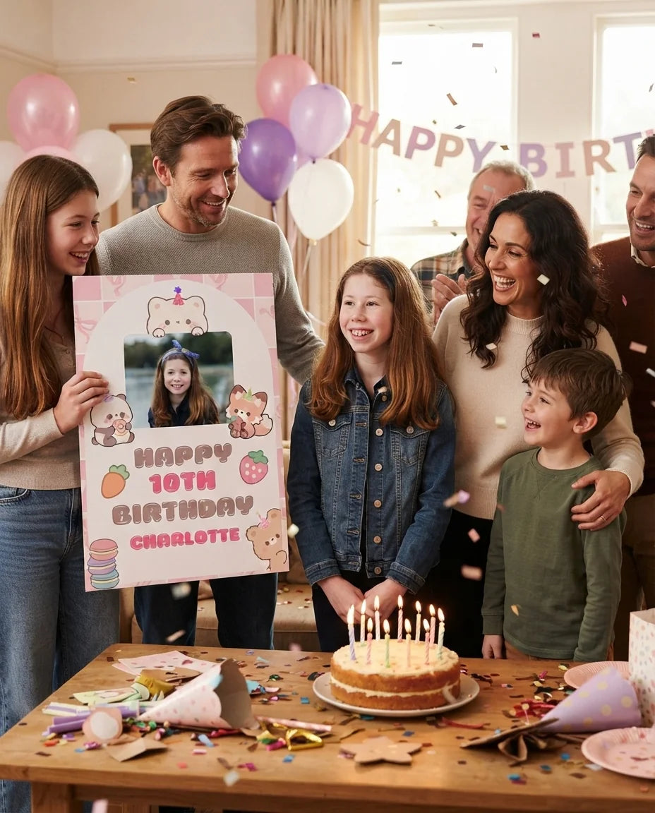 Friends and family celebrating with the personalised Kawaii Birthday Party Mega Card